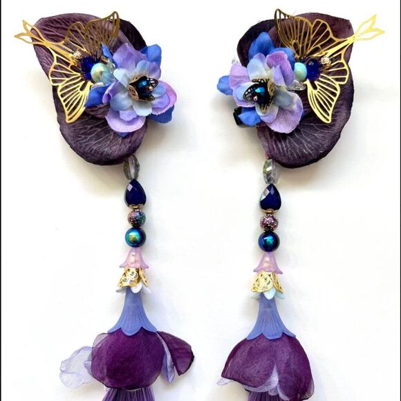 Artist Made MYSTICAL Purple Blue Party Festival Flower HairClip Decor Tassel